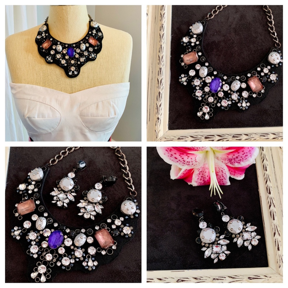 Blingy Statement Earrings + Bib Necklace - Set